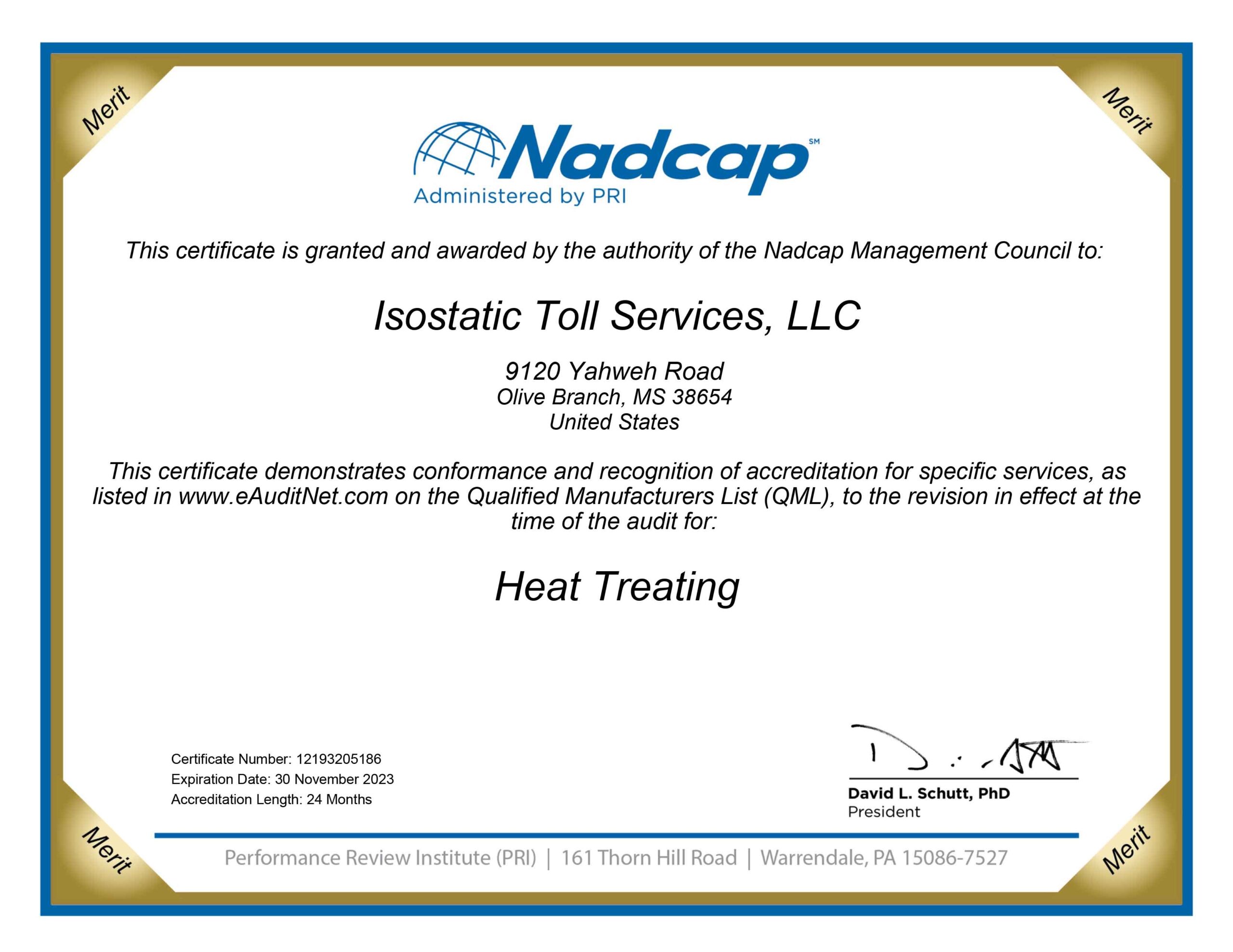 Certificate Nadcap (Aerospace) Heat Treating audit # 205186