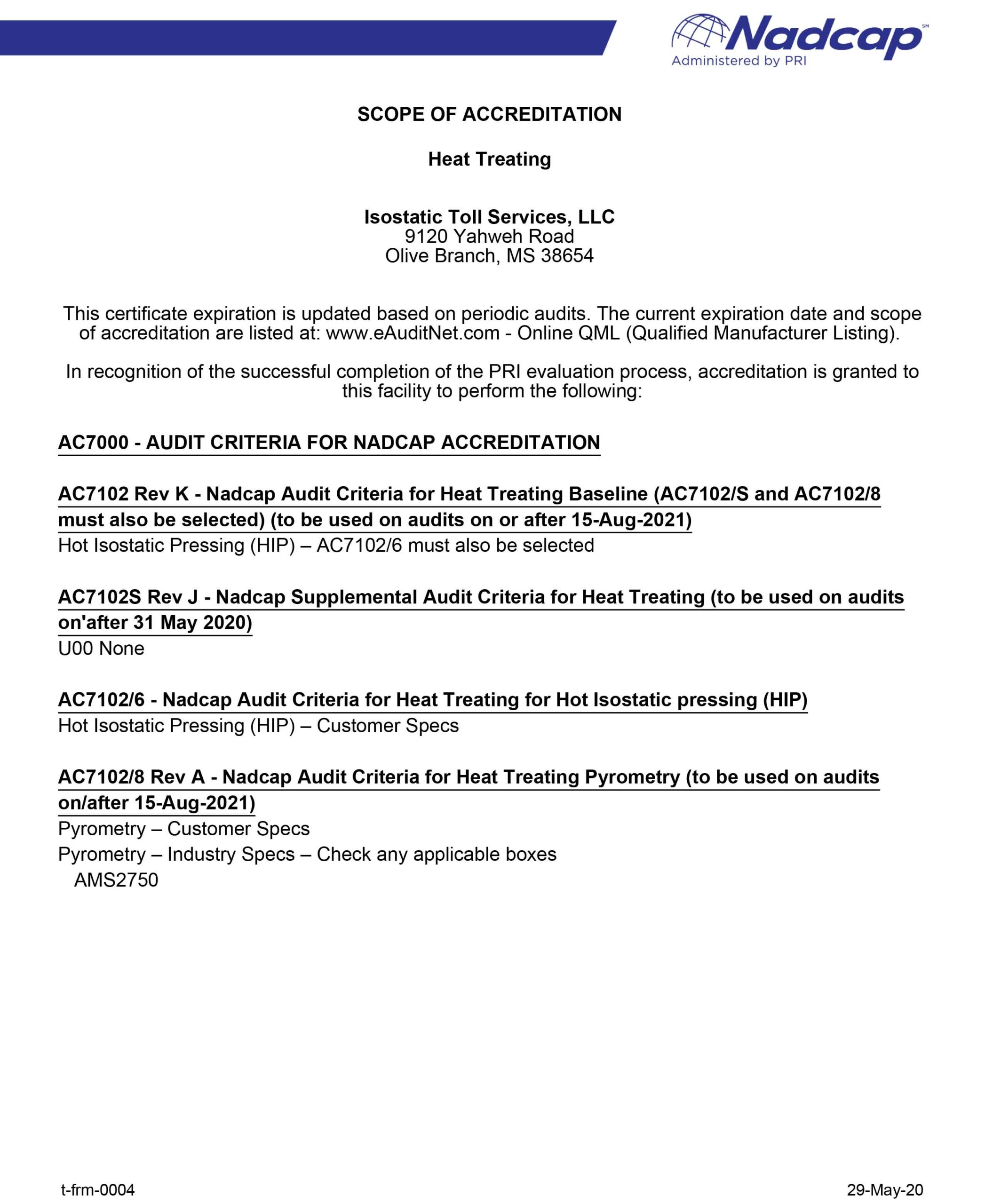 Scope Of Accreditation Nadcap (Aerospace) Heat Treating audit # 205186