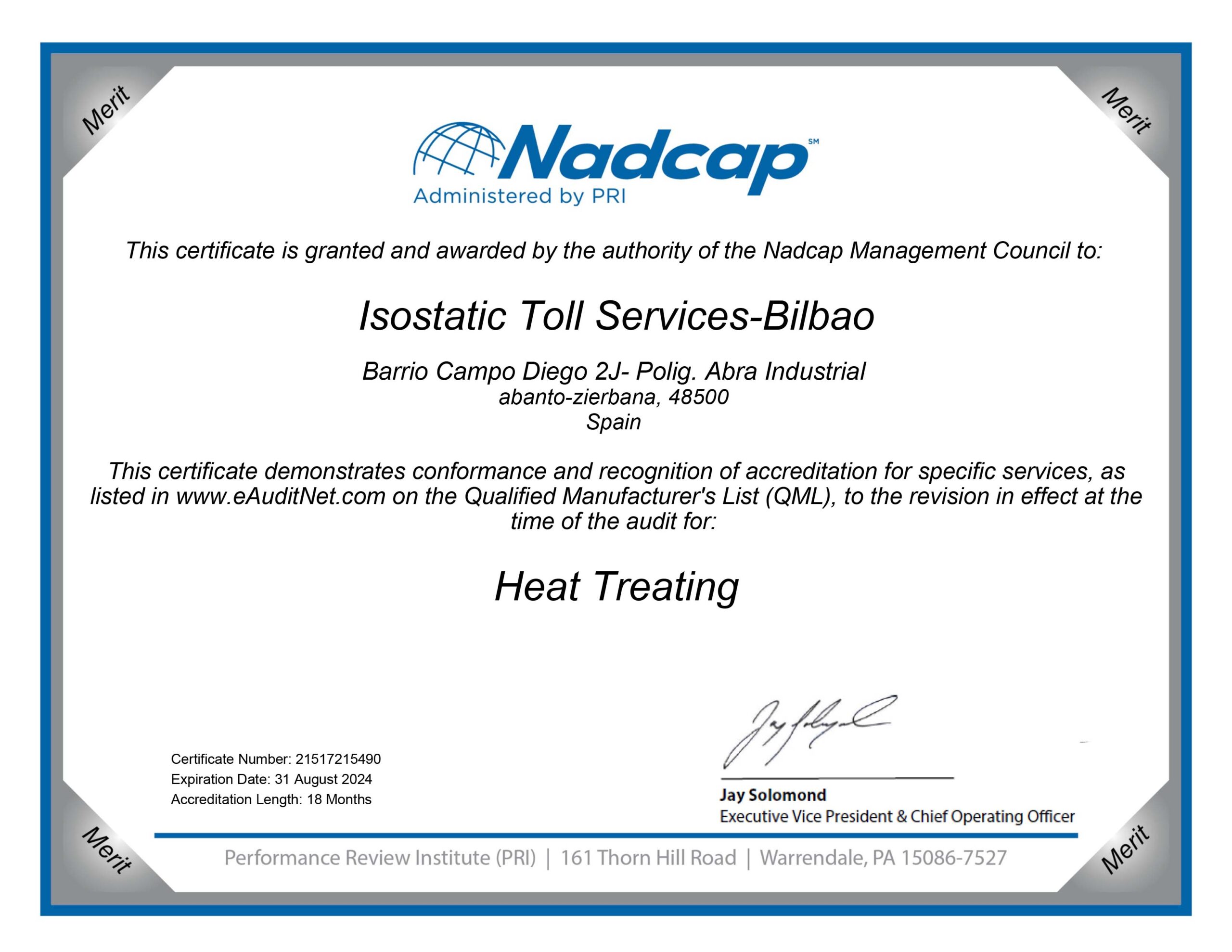 Certificate Nadcap (Aerospace) Heat Treating audit # 215490