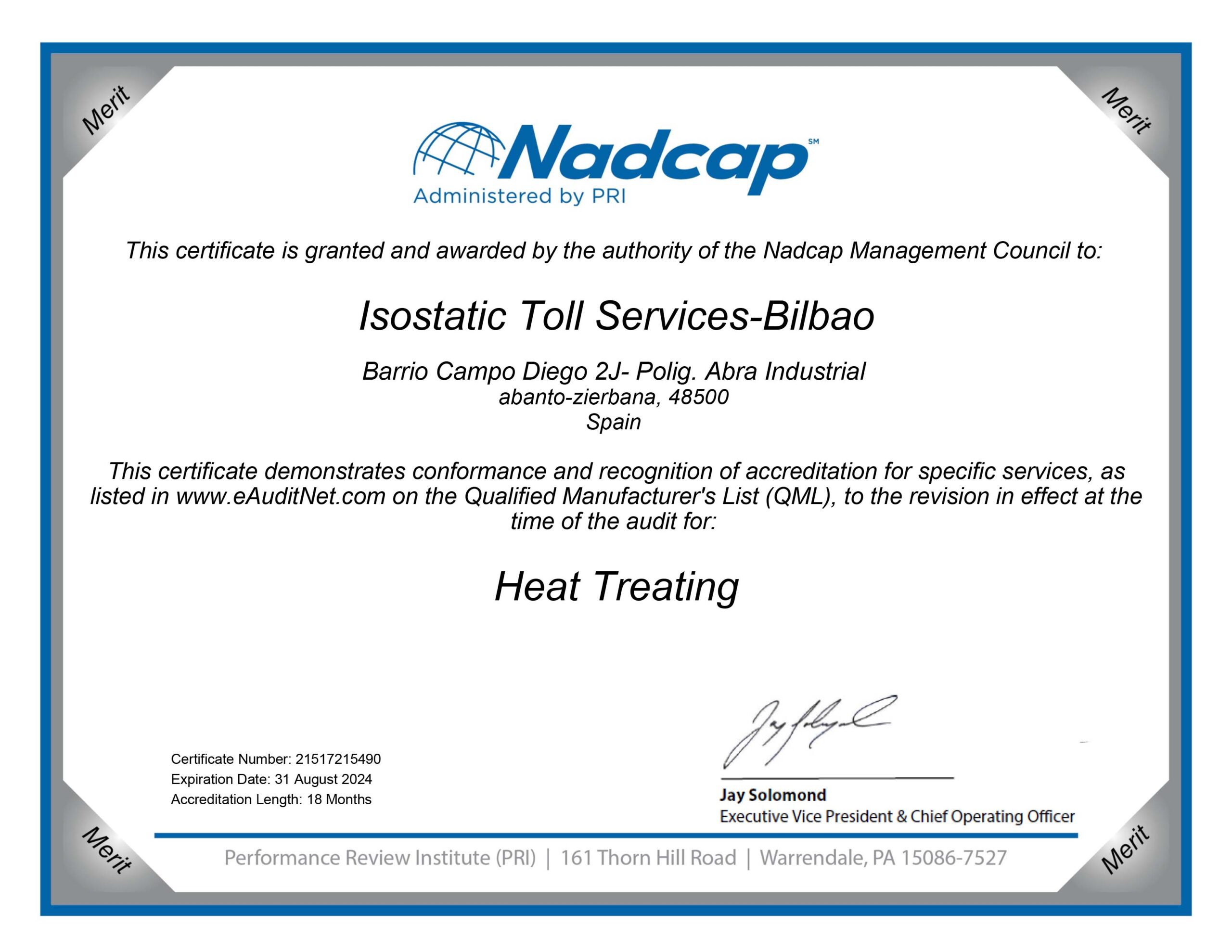 Certificate Nadcap (Aerospace) Heat Treating audit # 215490