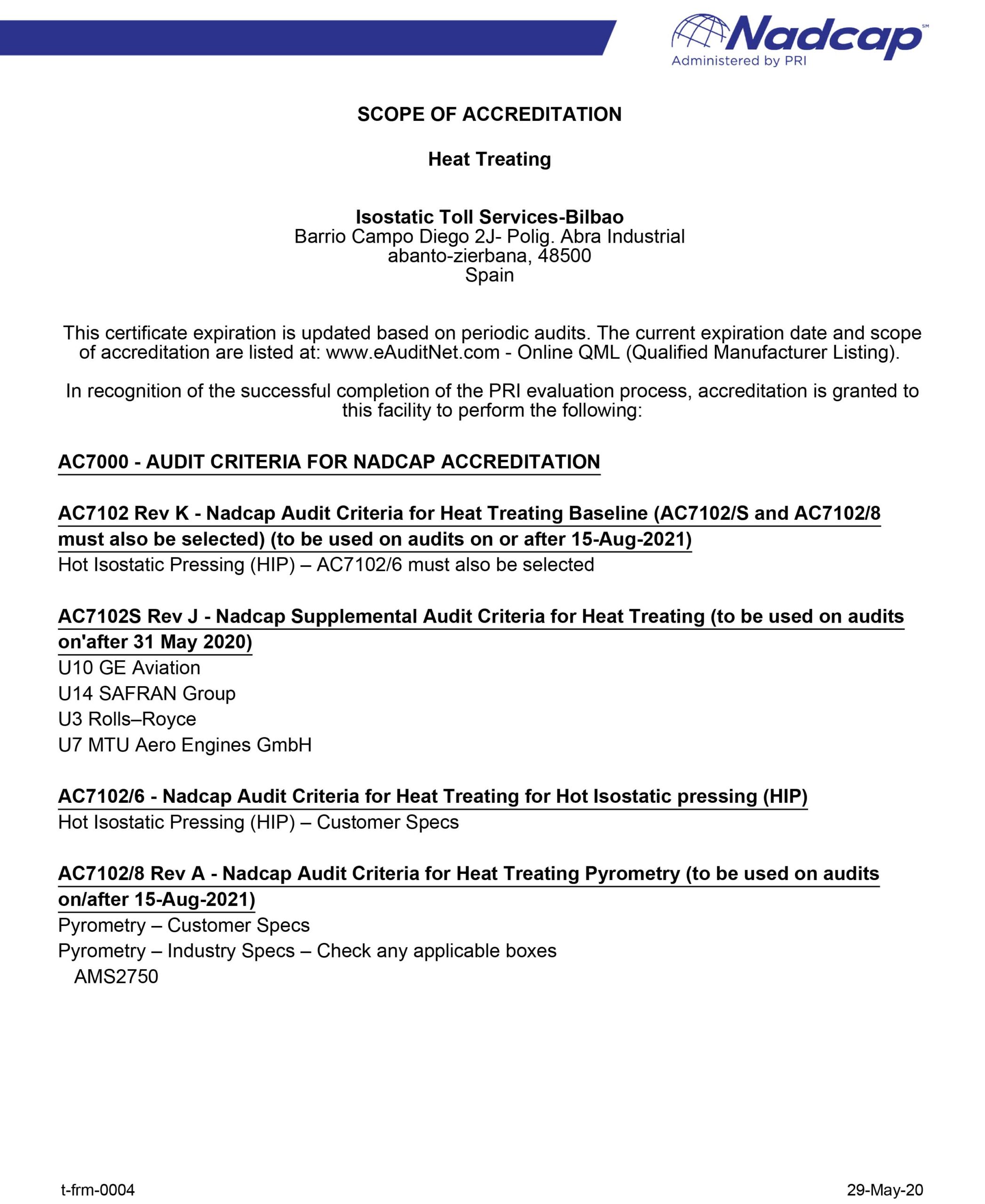 Scope Of Accreditation Nadcap (Aerospace) Heat Treating audit # 215490