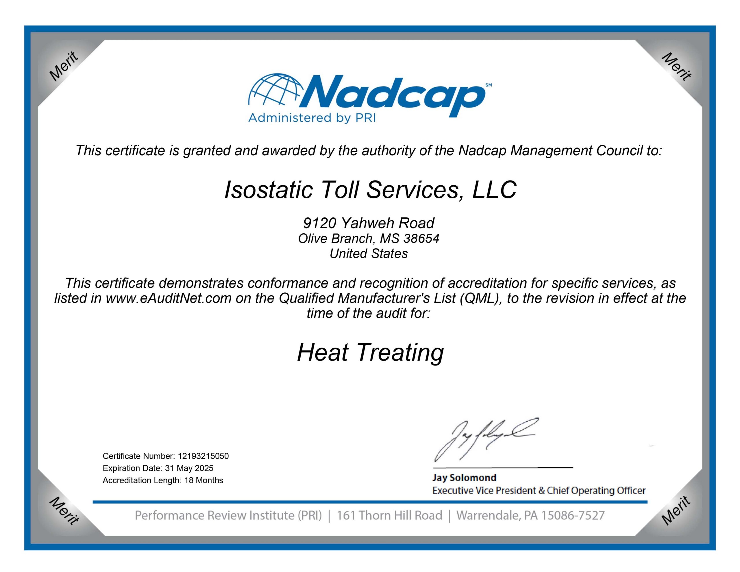 Certificate Nadcap (Aerospace) Heat Treating audit # 215050
