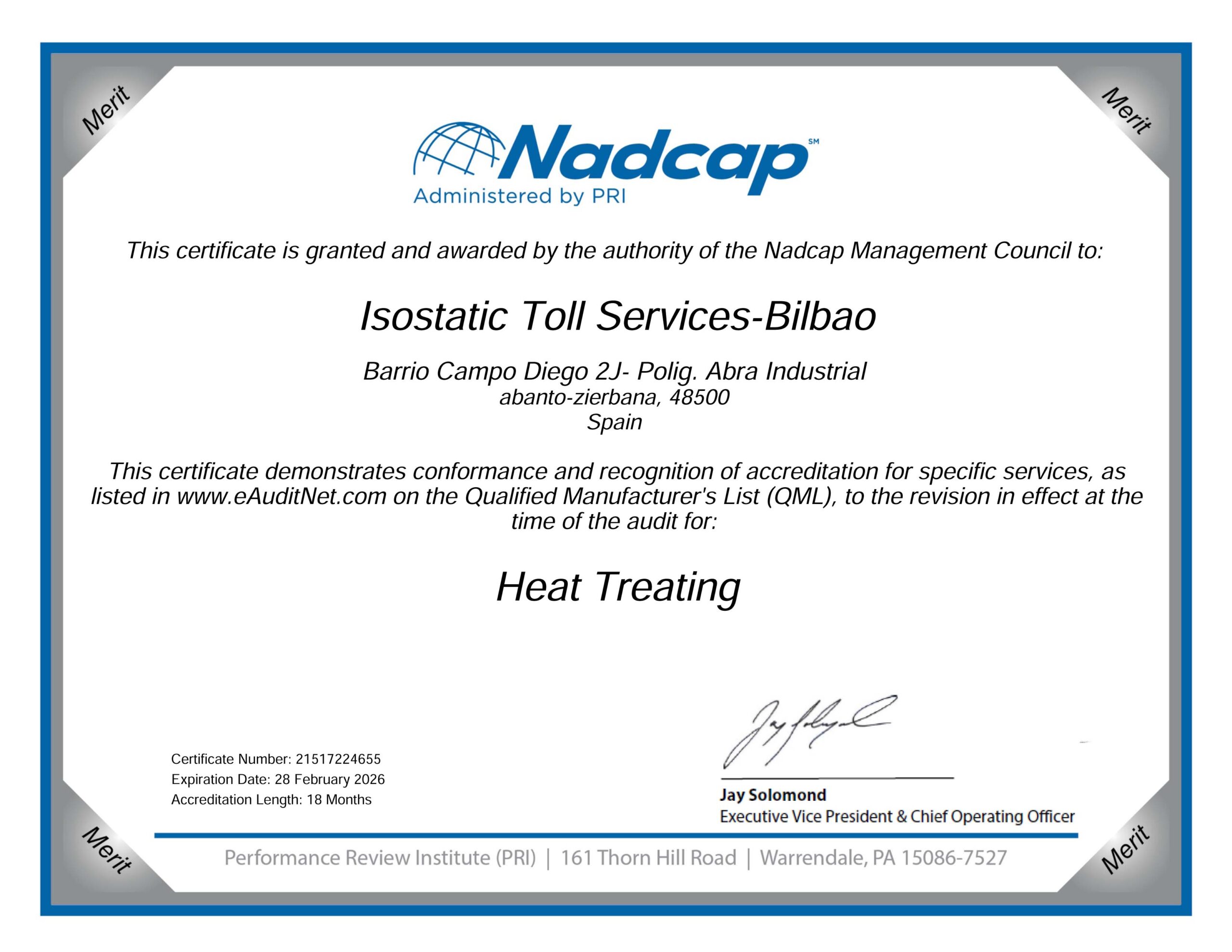 Certificate Nadcap (Aerospace) Heat Treating audit # 205776