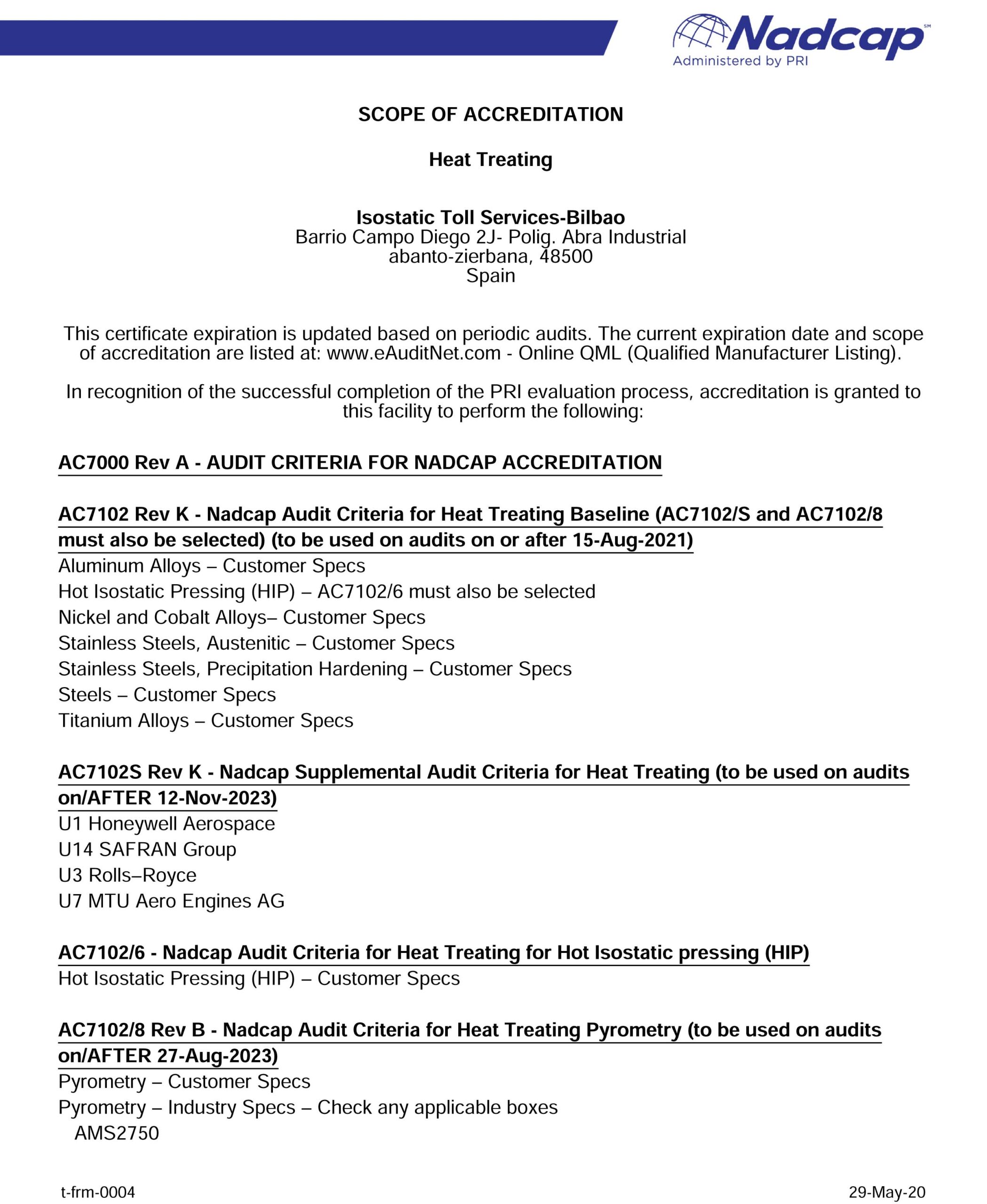 Scope Of Accreditation Nadcap (Aerospace) Heat Treating audit # 224655