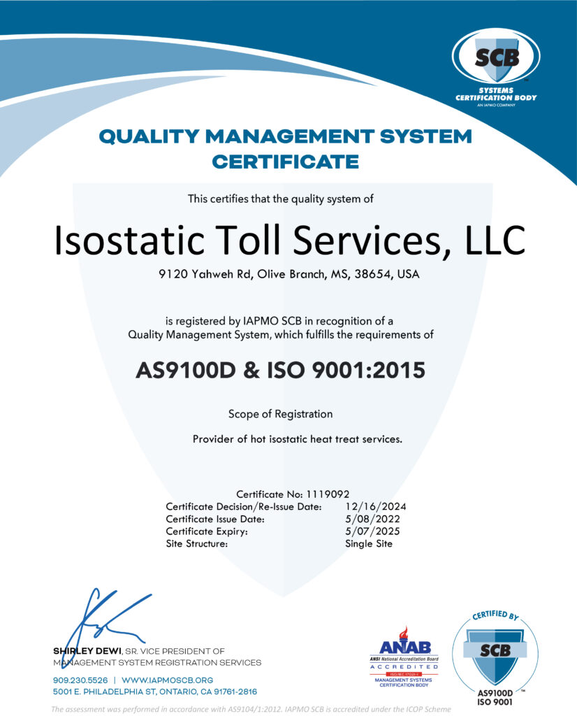 Isostatic Toll Services, LLC AS 9100D & ISO 9001 Certificate 2024(t)